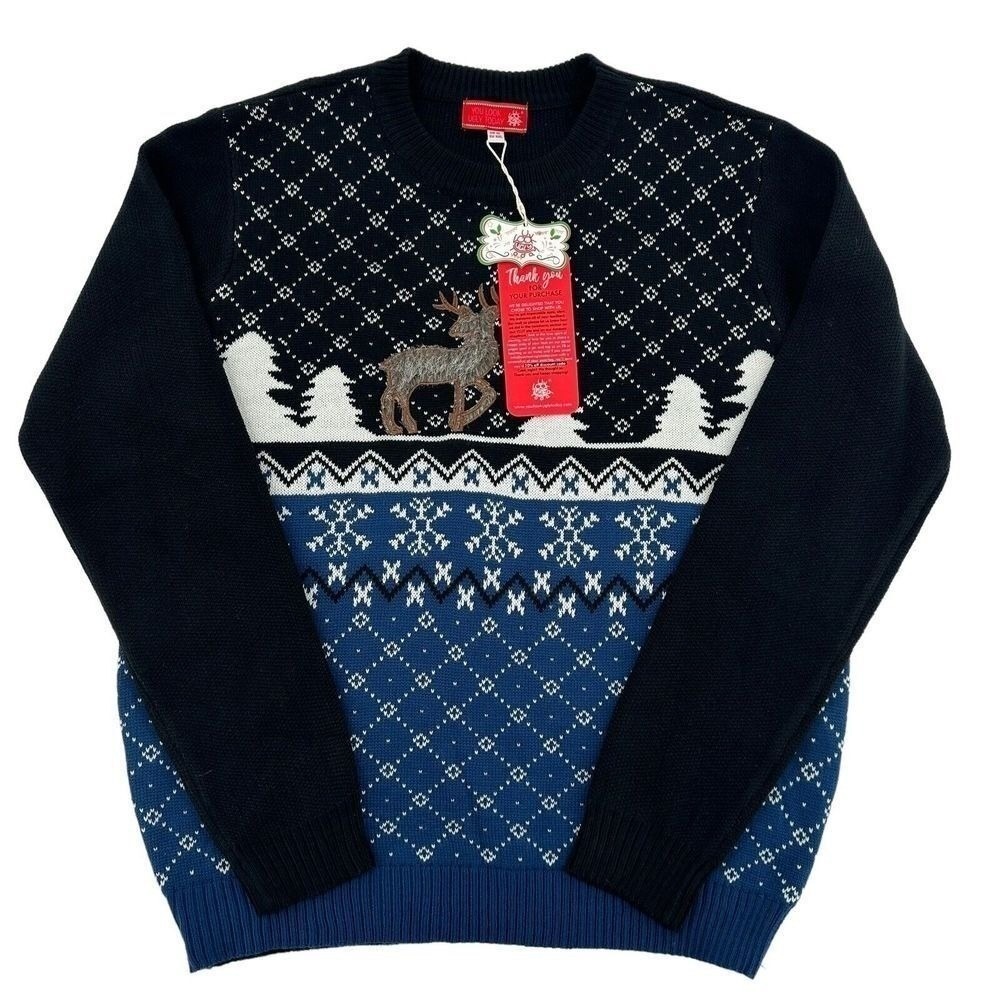 You Look Ugly Today Mens XL Christmas Sweater Reindeer Fair Isle Navy Blue NEW